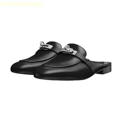 Cowhide Round Toe Metal Buckle Women Shoes 2024 Spring Summer New Style Slippers Slip On Casual Sandals Solid Color Large Size
