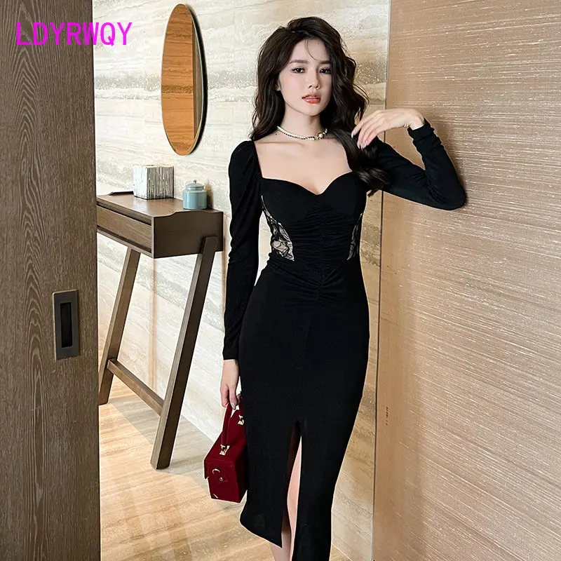 

2022 fall wear new female sense low collar wrap breast slim bag hip slit French dress