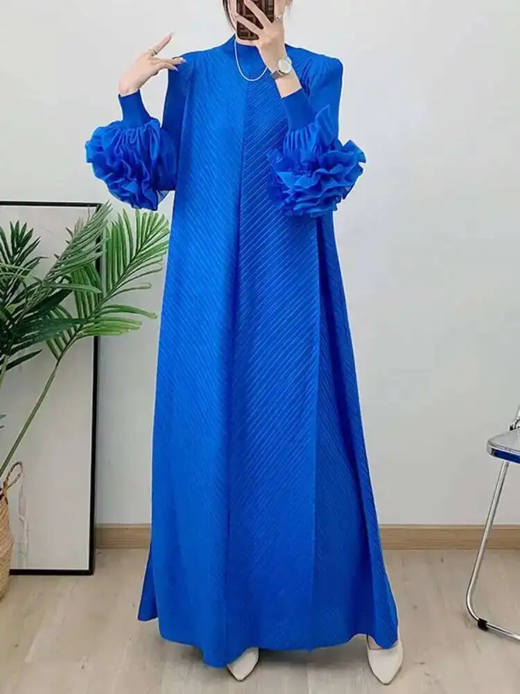 LANMREM Maxi Pleated Dress For Women Wine Red Long Ruffles Sleeves Solid Color Loose Elegant Clothing 2025 Spring New 2DB1827 - Image 4