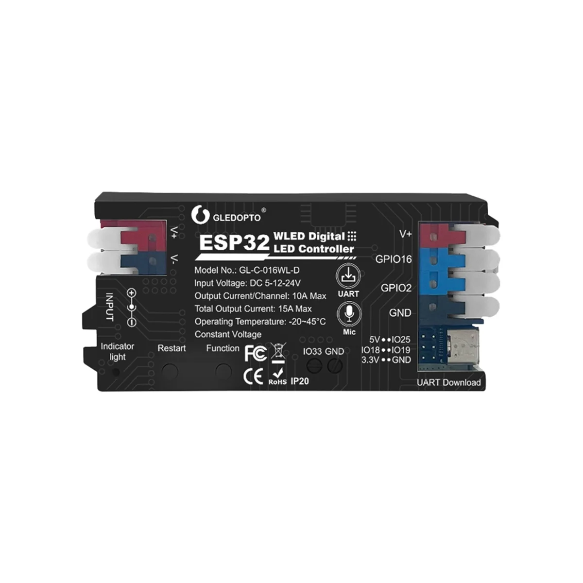A04R-GLEDOPTO ESP32 WLED LED Controller with Microphone, Music Sync Supports WS2811/WS2812/WS2813/WS2815 Strip Lights Black