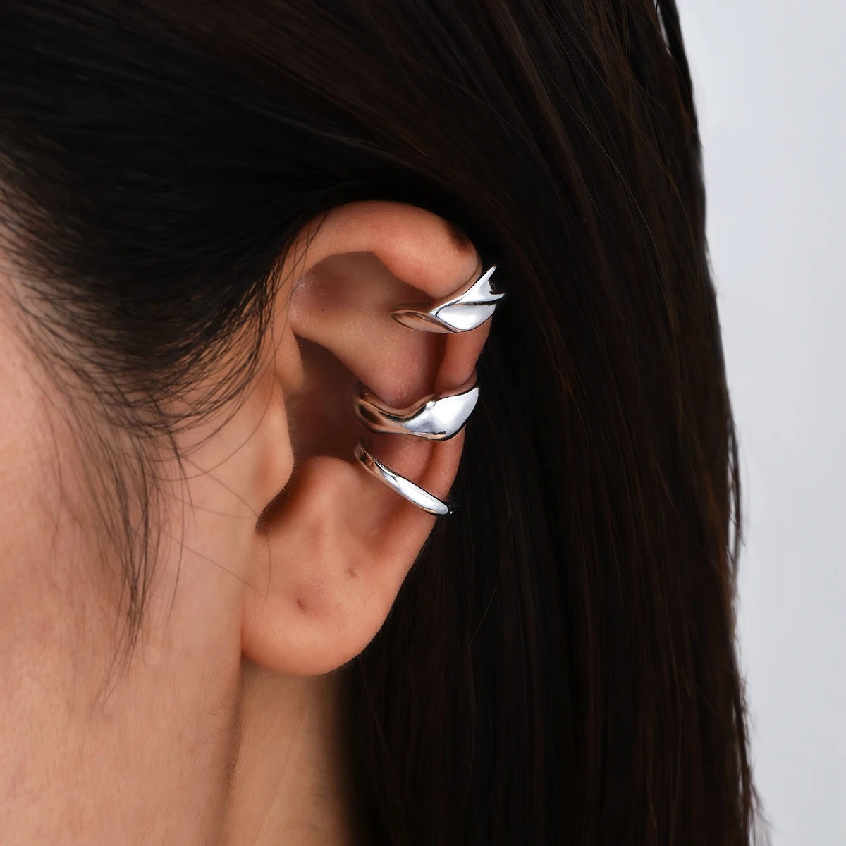 Ear Clip 3pcs Punk Irregular Silver Color Metal For Women Men Textured Non-Pierced Stylish Earcuff Christmas Jewelry