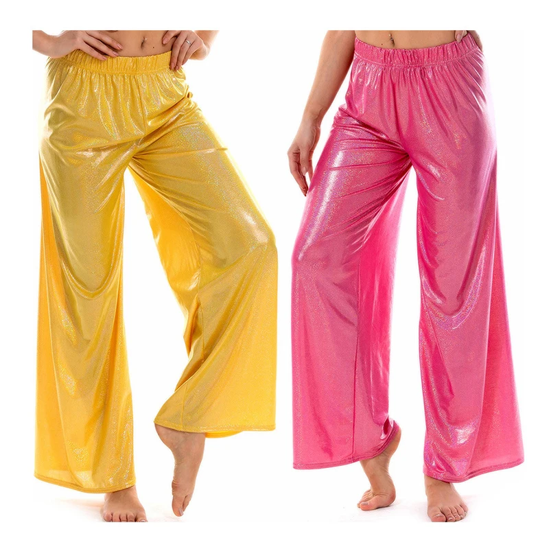 Women Shiny Wide Leg Pants Elastic Waist Casual Loose Metallic Trousers Female Long Straight Pants Streetwear Yoga Dancing Pants