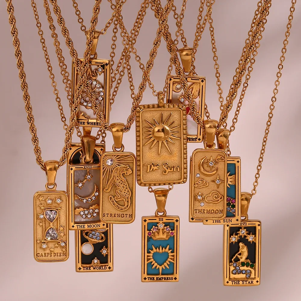 

INS New Trend Stainless Steel Tarnish Free Tarot Pendant Zircon Necklace Moon Sun Lover Strength Retro Jewelry Meaningful Gifts