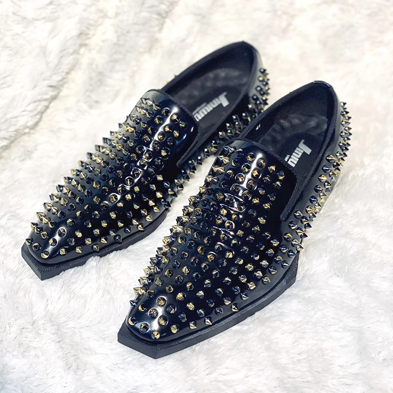 

Spring and summer new style rivet heightening thick soled Lefu shoes cow leather overshot large fashion low heel men's shoes