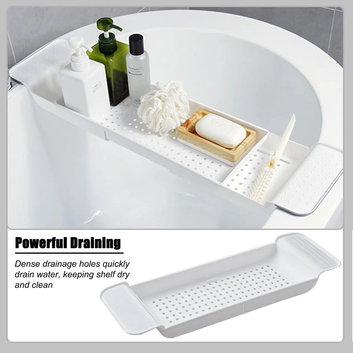 Expandable Drain Bath Shelf Caddy Tray, Multifunctional Plastic Bathtub Tray Bathroom Organizer Storage Rack for Book, Shower