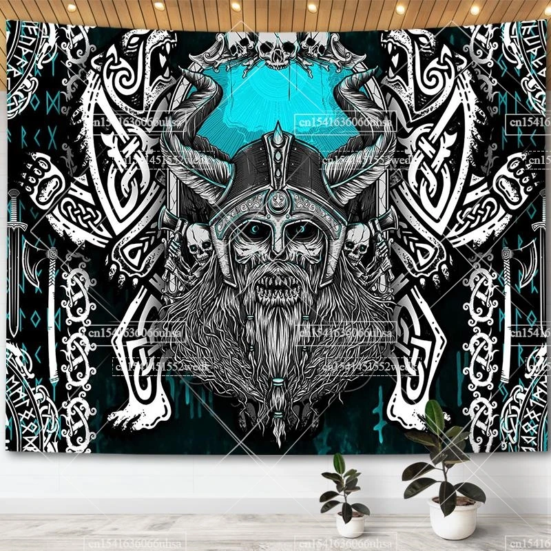 

Viking Skull Helmet Tapestry Retro Gothic Norse Runes Wall Hanging Tapestries College Dorm Banner Tapestries Home Decoration