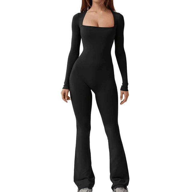 New Women Autumn Long Sleeved Square Neck Slim Fit Flared Bodycon Jumpsuit Pants Romper Playsuit Elegant Simple Women's Jumpsuit 1
