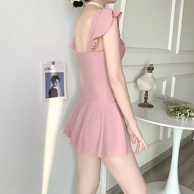 2023 New Summer Pure Desire V-neck Gathered High Waisted Hollowed Out Belly Covering Open Back Hot Spring Beach Dress Swimsuit