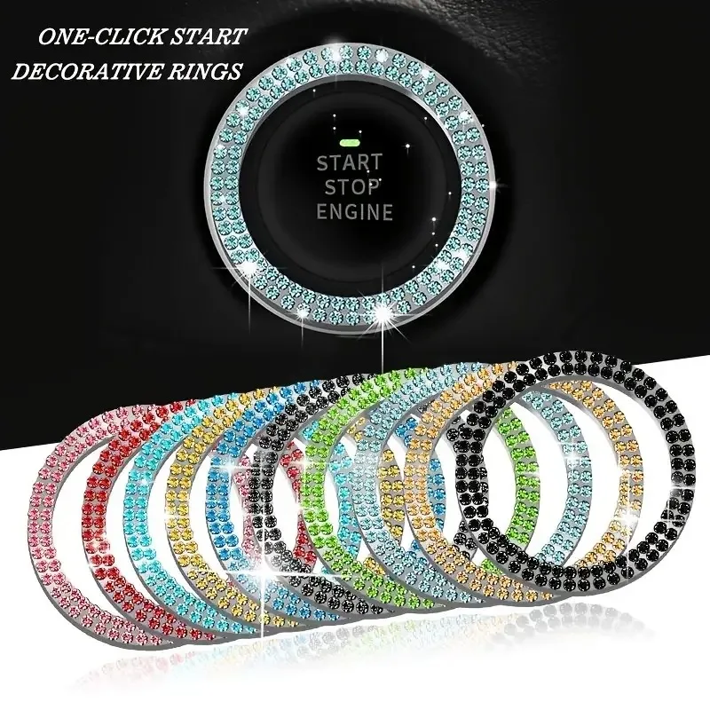 1Pc Rhinestone Ring Car Start Engine Button Decoration Ring Car Double-Row Artificial Diamond Start Ignition Button Sticker Ring
