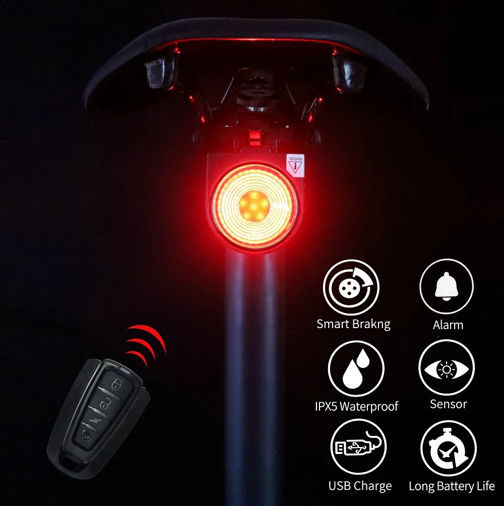 Lampe arrière de vélo, ancienne lumière, alarme antivol, appel à distance, commande sans fil, charge USB, lanterne LED, recherche de vélo, klaxon A8Pro