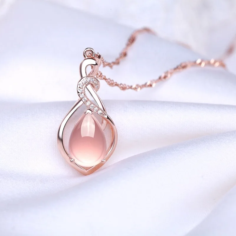 Pink Natural Jade Water drop Pendant Necklace Real Jewelry Talismans Amulet Rose Gold Plated Gifts for Women Vintage Stone