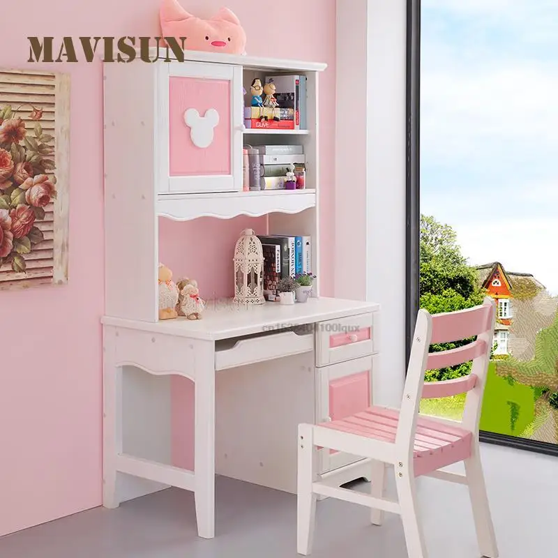Modern Simple Solid Wood Household Children's Desk Girl Liked Small Apartment Creative Writing Desk And Bookcase Combination