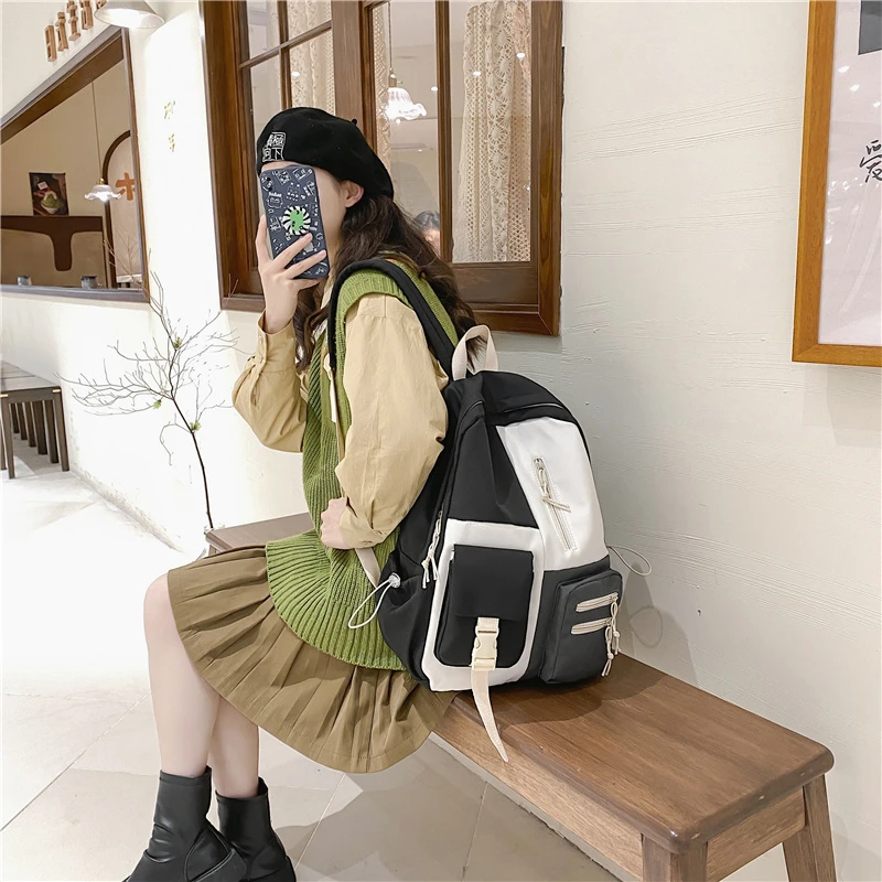 Fashion Women's Backpack Contrast Color Student Book Bag Large Capacity Travel Backpack Rucksack for Teenager School