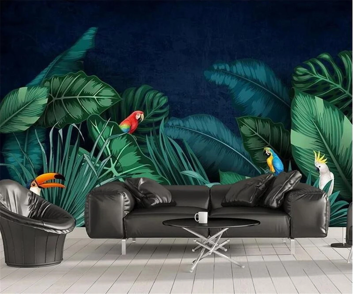 Papel de Parede Personalizado Tropical Floresta Tropical Plantas Folhas Papagaio Fundo Murais Casa Decoração Sala Estar Quarto 3d Papel de Parede Murais