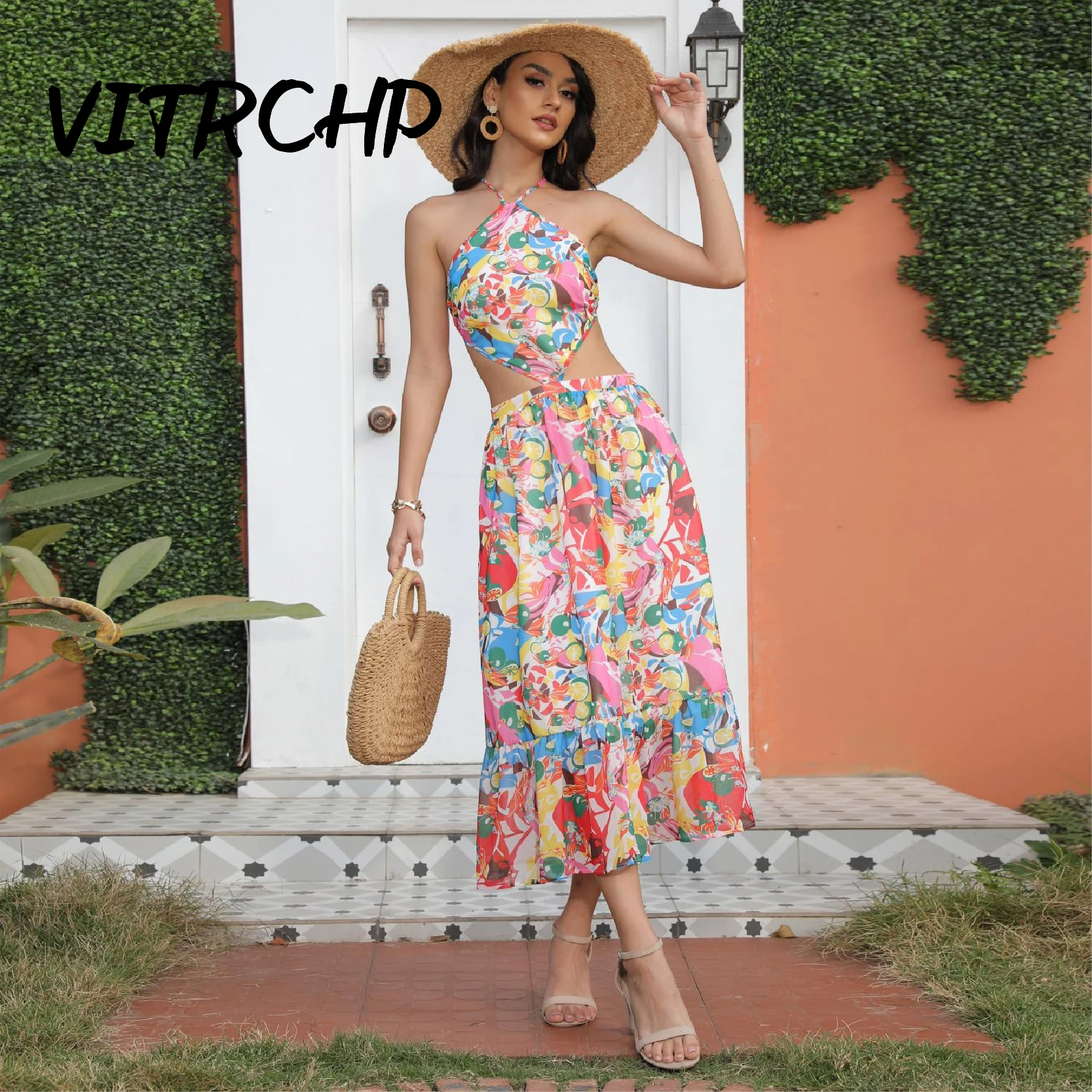 

Celebrity Dresses Bohemian Beach Vacations Summer for Women 2022 Sexy Halterneck Prom Gown Lace Up Backless Printing Vestido
