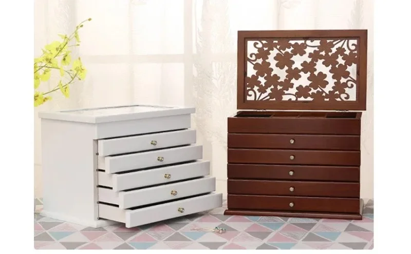 Big Size Wood Jewelry Storage Box Drawer Ring Necklace Jewelry Boxes Organizer Case Earrings Display Bangles Tray Accessories