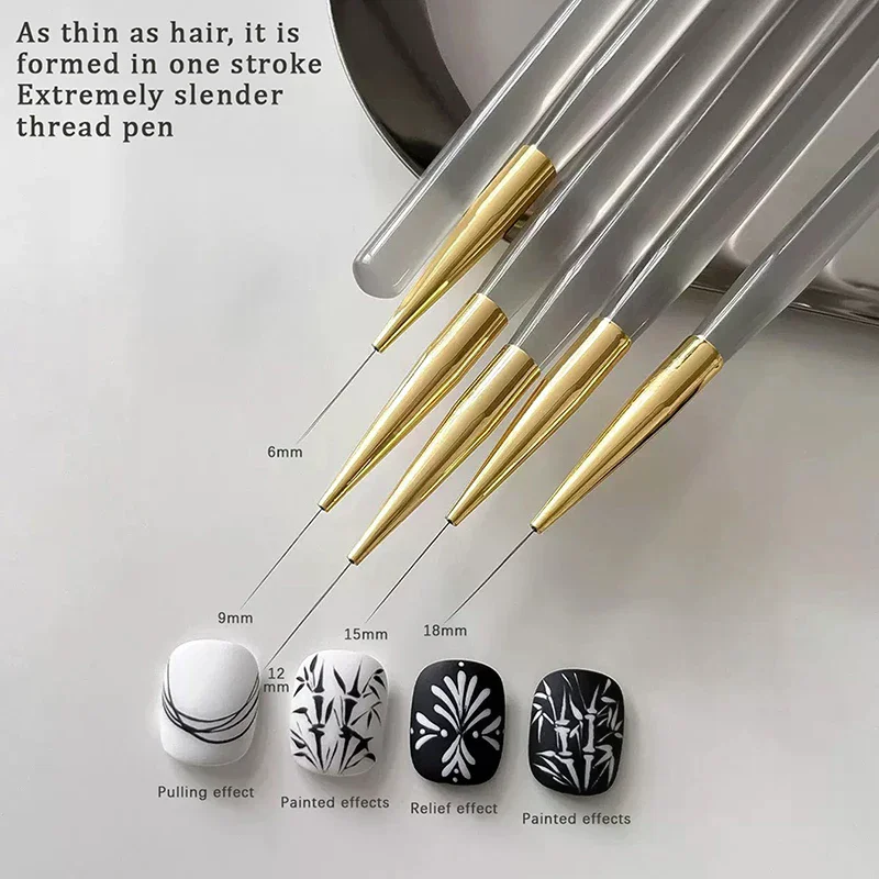5Pcs Extremely Fine Nail Art Liner Pen Acrylic Handle UV Gel Brush, DIY Painting Drawing Lines Stripe Flower Manicure Art Brush