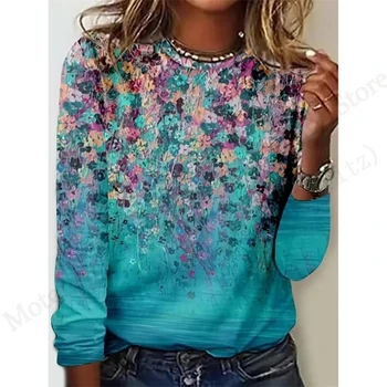2025 New 3D Floral Print T-shirt Casual Round Neck Long Sleeve T-shirt Women's Clothing Fashion Casual Oversized Tops Tees Women 1