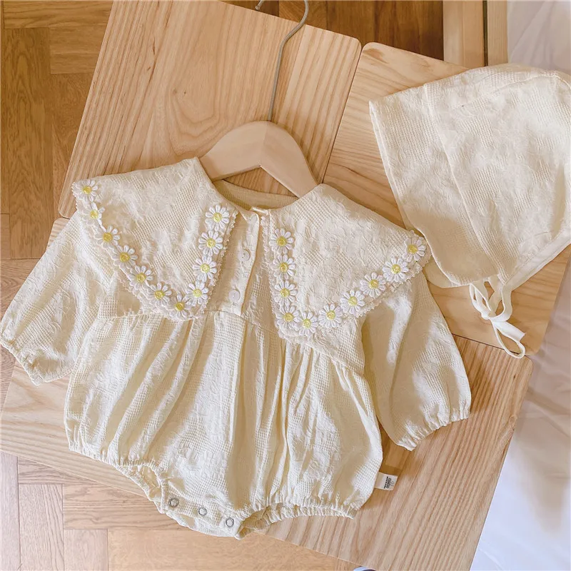 bright baby bodysuits	 New Summer Baby Clothing Toddler Girls Bodysuits Long Sleeve Big Collar Daisy Floral Infant Girl Suit Princess Romper + Hats Baby Bodysuits medium