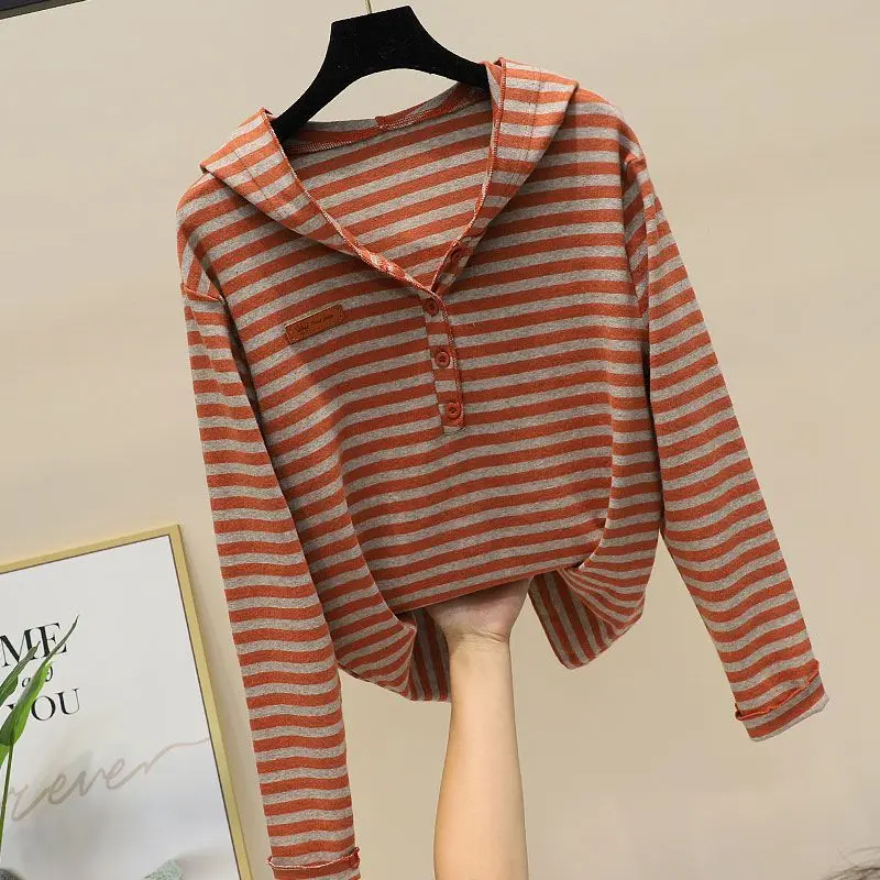 Fashion Hooded Loose Striped Blouse Women's Clothing 2023 Autumn Winter New Oversized Casual Pullovers Commuter Shirt