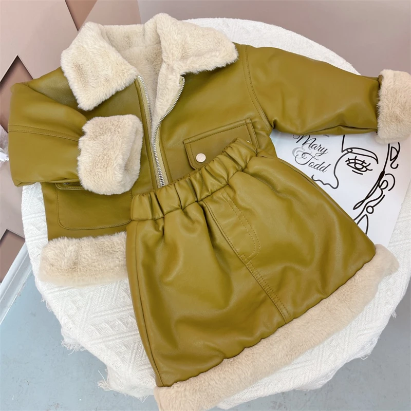 

Childrens Sets Baby Plush Warm Leather Jacket Short Skirt Winter New Girls Turn Down 2023 Collar Thick Two Piece Soild Warm