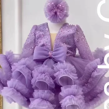 럭셔리 플라워 걸 드레스, 스쿱 넥 퍼프 걸 파티 드레스, 웨딩 반팔, 얇은 명주 그물, 어린이 크리스마스 예식 드레스