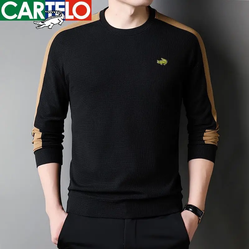 CARTELO/CARTELO Men's Spring and Autumn Embroidered Long sleeved Waffle T-shirt Spliced Round Neck Pullover Sweater for Men