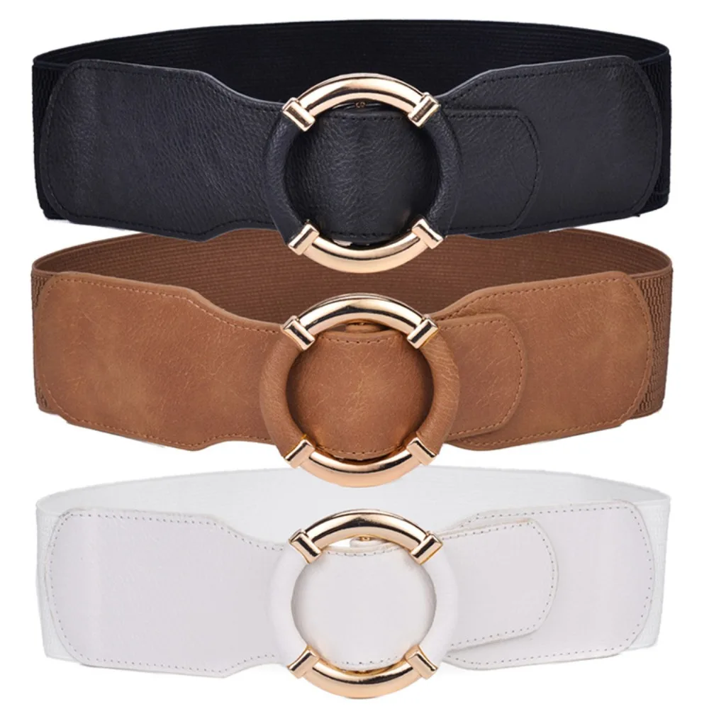 

Women’s Elastic Stretch Wide Waist Belts Wrapped Gold Circle Buckle Waistband High Quality Stretch Wide Black Belt
