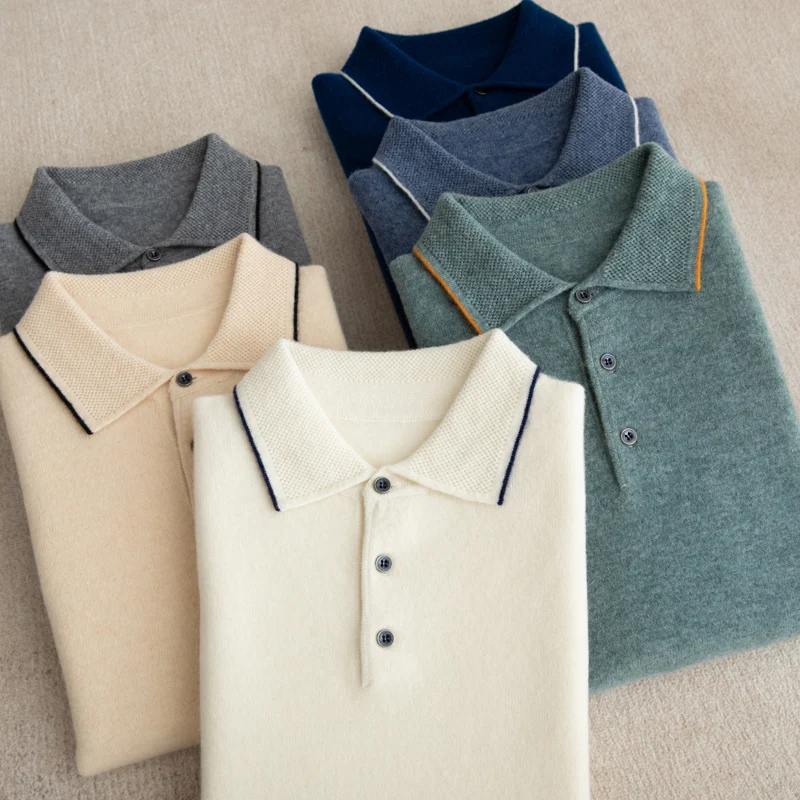 100% Merino wool men's lapel short sleeved sweater T-shirt new knitted casual business men's pullover sweater wool T-shirt summe 6