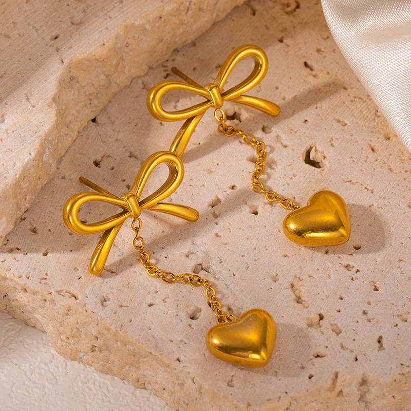 ANENJERY 316L Stainless Steel Smooth Bowknot Heart Tassel Necklace Earring For Women Delicate French Jewelry Set Gifts