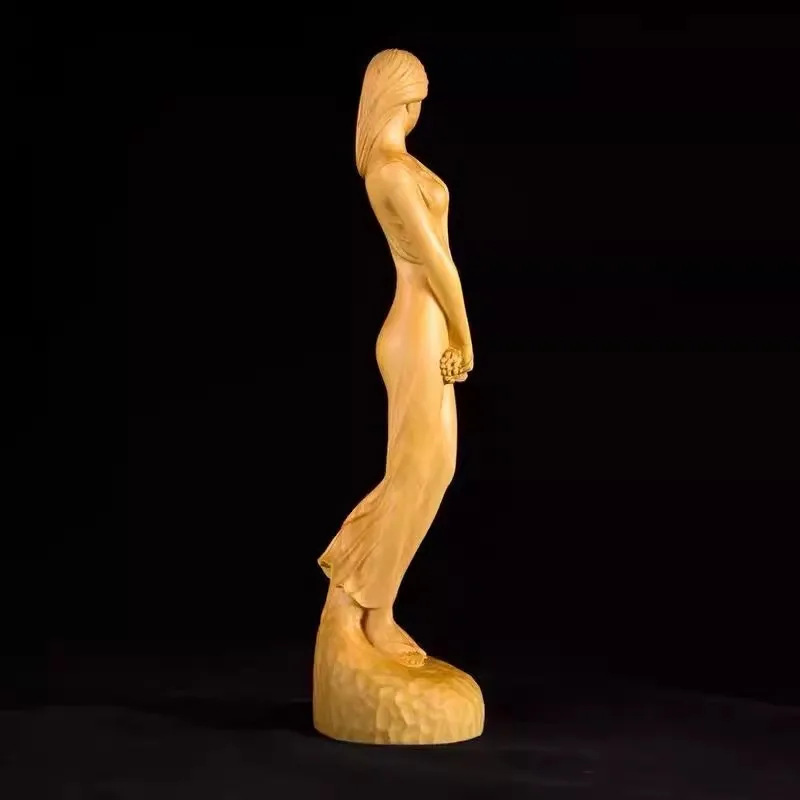 Solid Wood Goddess Figures Statue,Pastoral Girl in Flower Season, Cute Home Room, Office Art Ornaments, Free Delivery