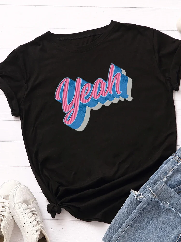 

Yeah Letter Print Women T Shirt Short Sleeve O Neck Loose Women Tshirt Ladies Tee Shirt Tops Clothes Camisetas Mujer