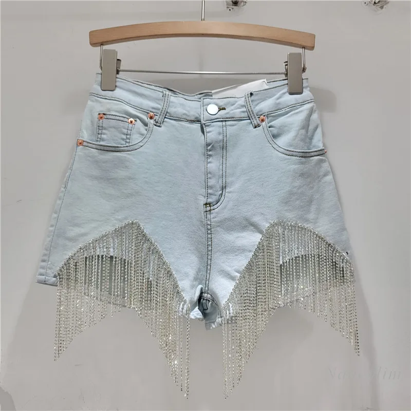 Tassel Chain Denim Shorts Women's Summer 2024 New High Waist Slimming Sexy European and American Style Heavy Industry Shorts