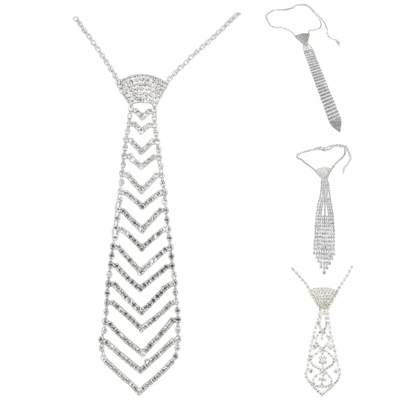 Cravatta Con Strass Bianchi Scintillanti – 129 Cm, Lega Con Cristalli, Accessorio Donna Per Feste, Matrimoni, Cosplay, Punk
