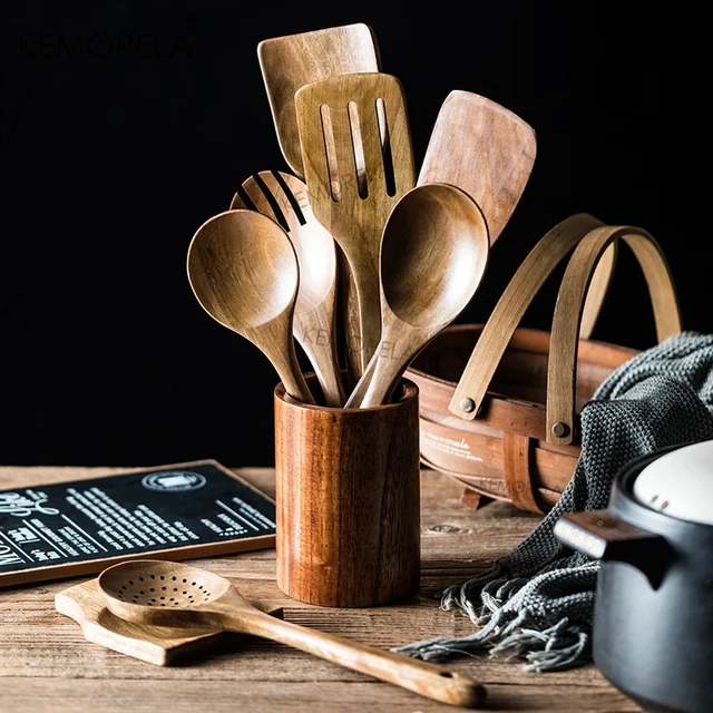 Set de utensilios de cocina de madera de teca: 4 a 9 piezas con soporte | Emoape