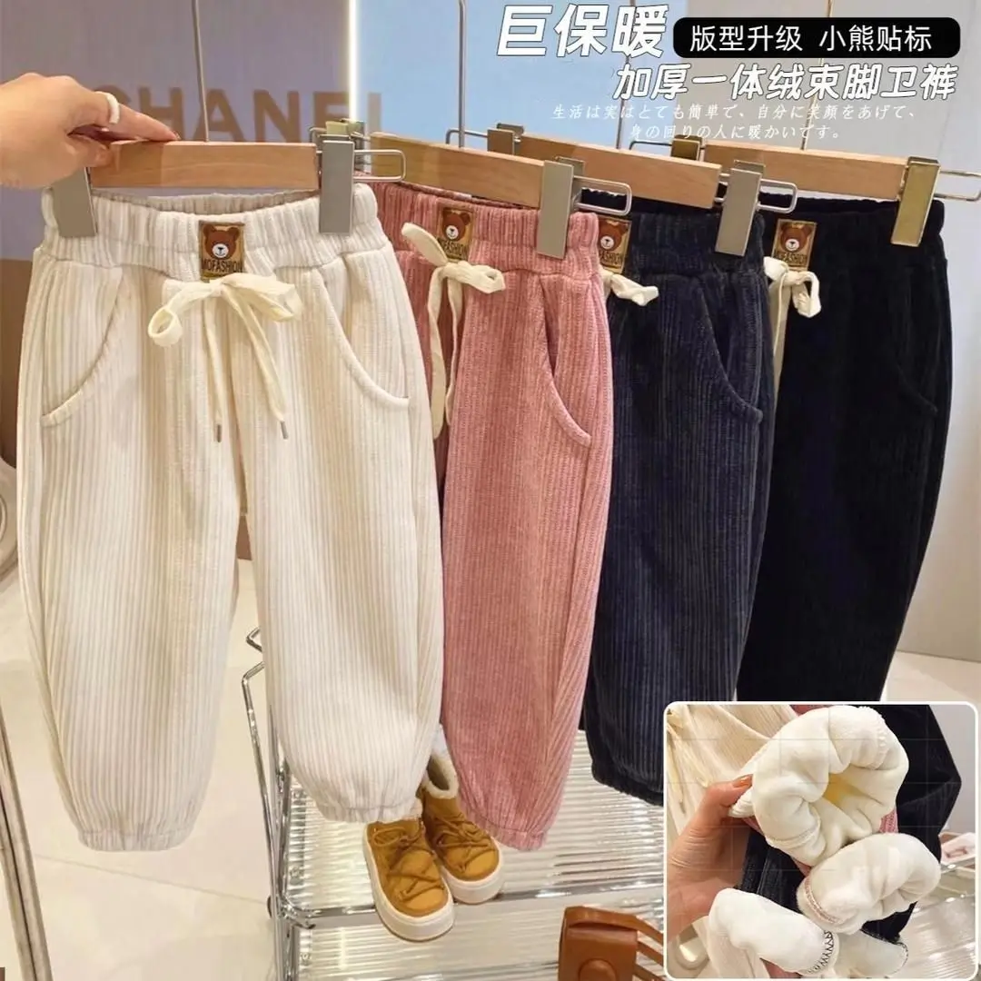 

Autumn and Winter Corduroy Thickened Girls' Trousers Bear Labeling Single-Layer Fleece-Lined Sweatpants Men and Women Children