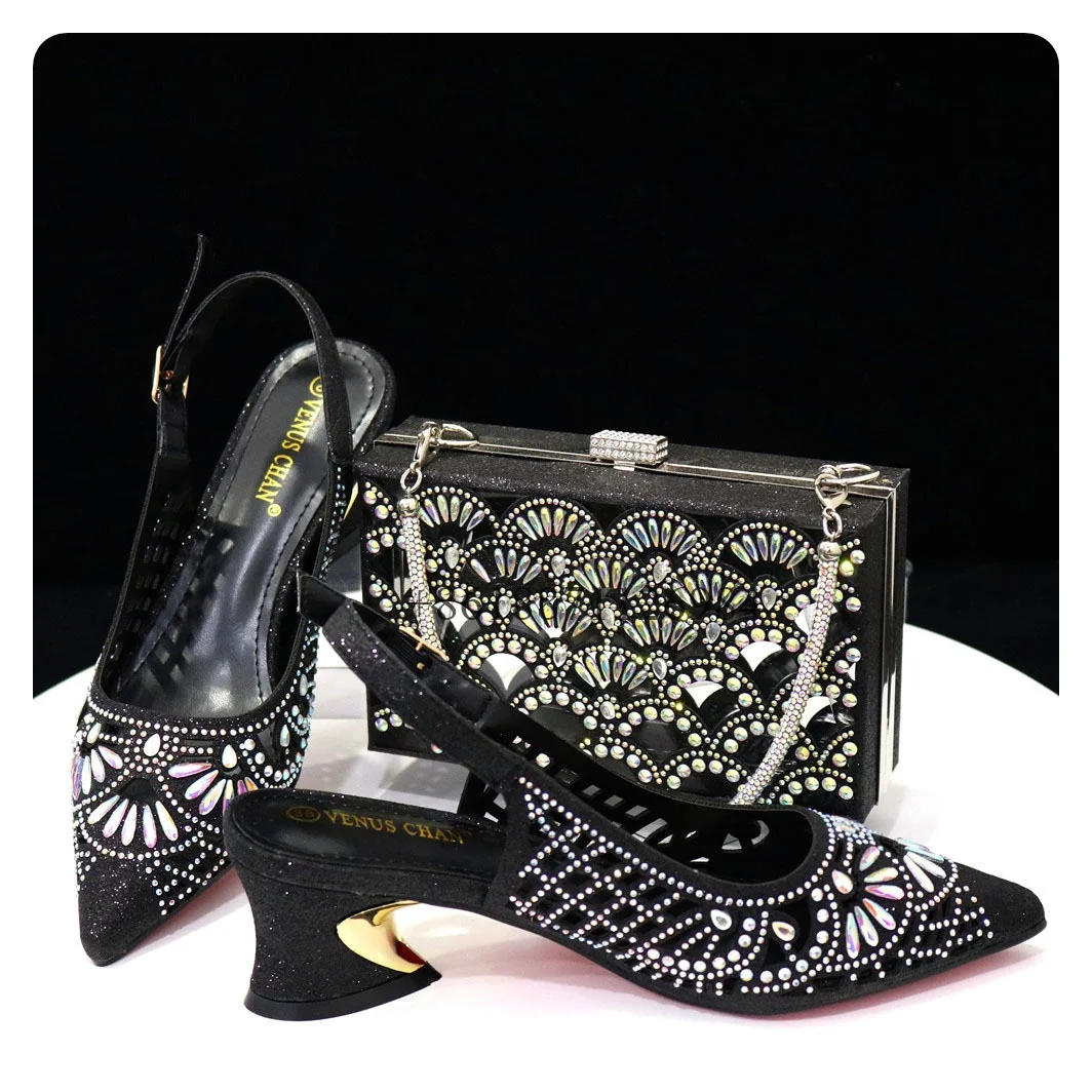 

Pointed Toe Summer Women Sandals With Rhinestone Chunky High Heels Buckle Strap Design Large Size Closed Toe Shoes