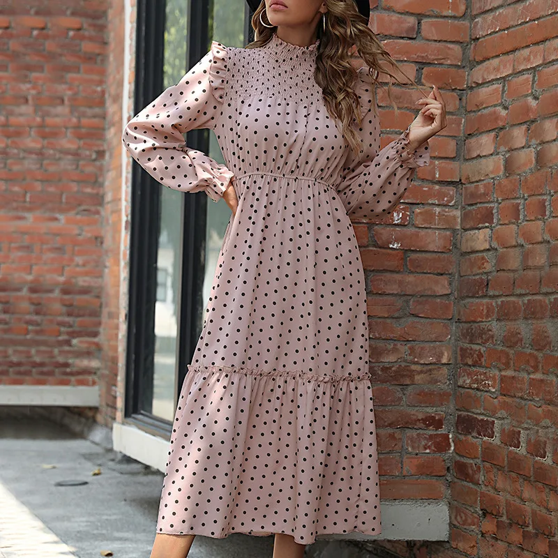 

Harajuku Pink Robe Femme 2022Autumn Long Sleeve Dresses For Women Midi Dress With Ruffle Edge And Wave Point Splicing Cake Dress