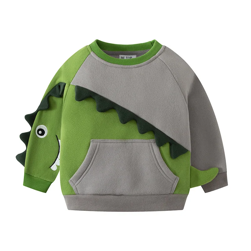 TUONXYE Sudadera de terciopelo de manga larga para niños con dibujos de dinosaurios en 3D y bolsillos en contraste de color, ropa de algodón suave para niños