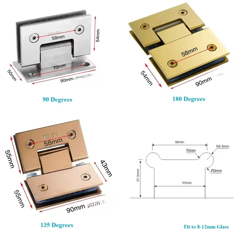 2Pcs 304 Stainless Steel Shower Enclosure Cubicle Glass Door Hinge 90 135 180 Degrees Gold Matte Black Mirror Brush Red Bronze