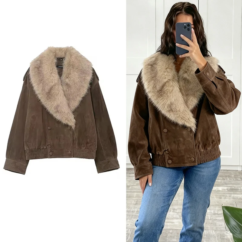 Women Faux Fur Collar Jacket 2025 Autumn Winter Women's Suede Coat Long Sleeve Loose Female Streetwear Casual New Outerwear