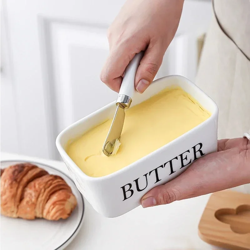 Nordic Butter Sealing Box Ceramic Butter Plate Cheese Storage Tray Dish Container Box Dish with Wood Lid and Knife