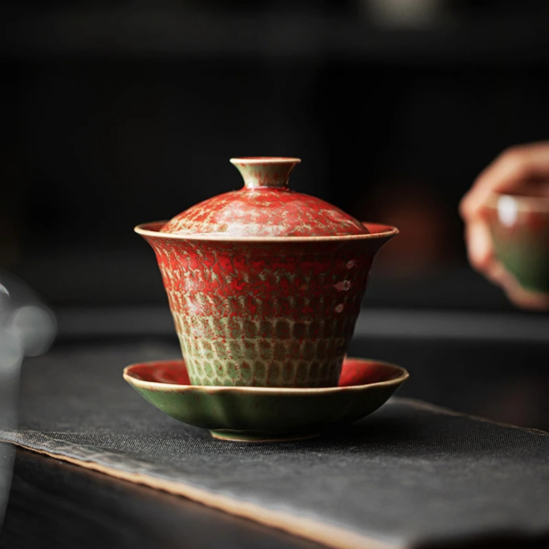 Ceramic Gaiwan Single Cup Household Kung Fu Tea Set Non-Scald Brewing Bowl Tea Making Device Meeting Guests Red Kiln Glaze