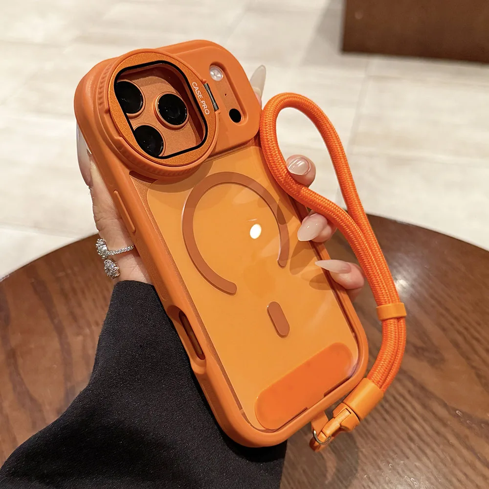 Luxury Magnetic Lens Bracket Lanyard Phone Case with Air Flip Stand and Transparent Cover