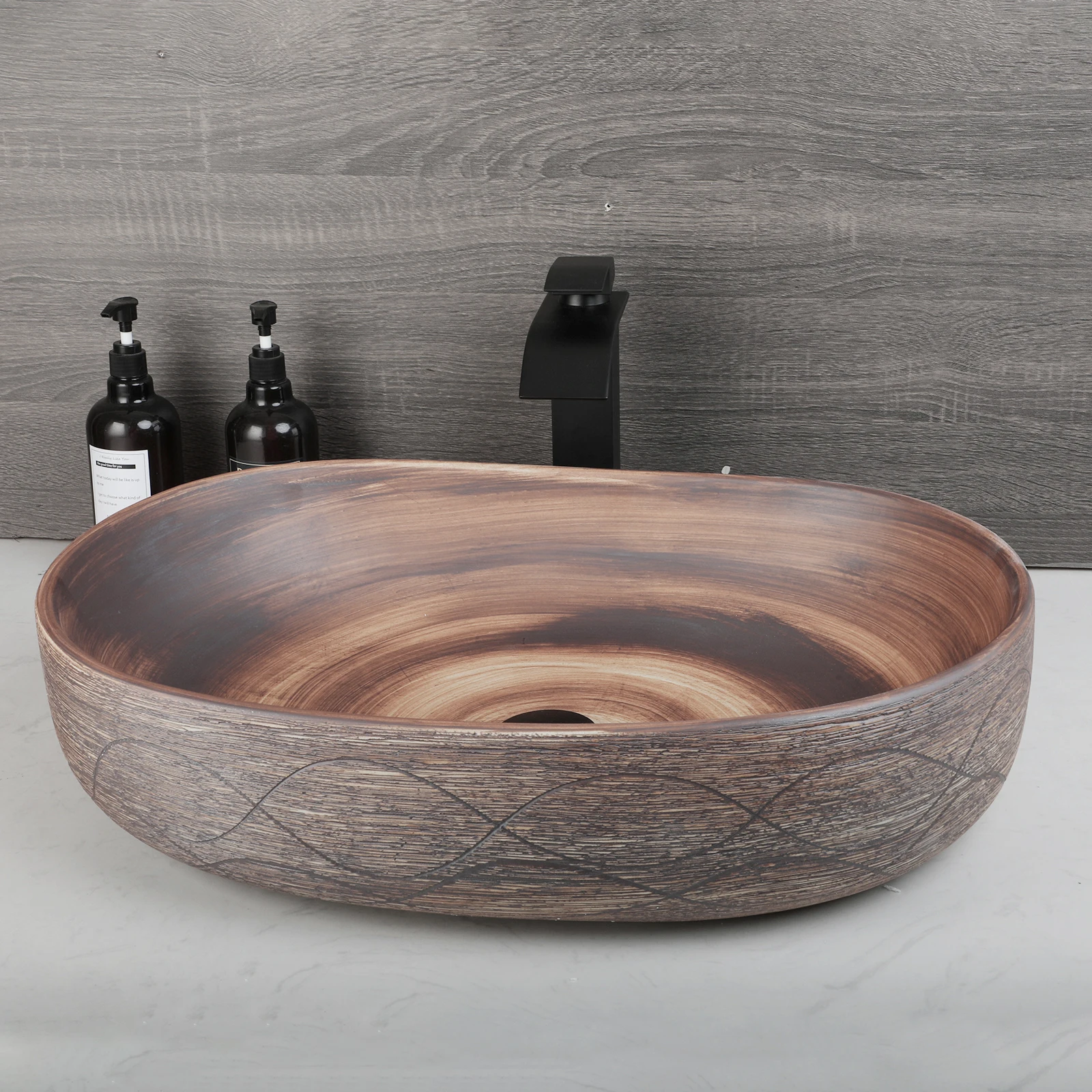ZAPPO Wood Colored Ceramics Bathroom Sink Vessel Sink for Bathroom  Above Counter Ceramic Bathroom Vanity Vessel Sink Bowl 2