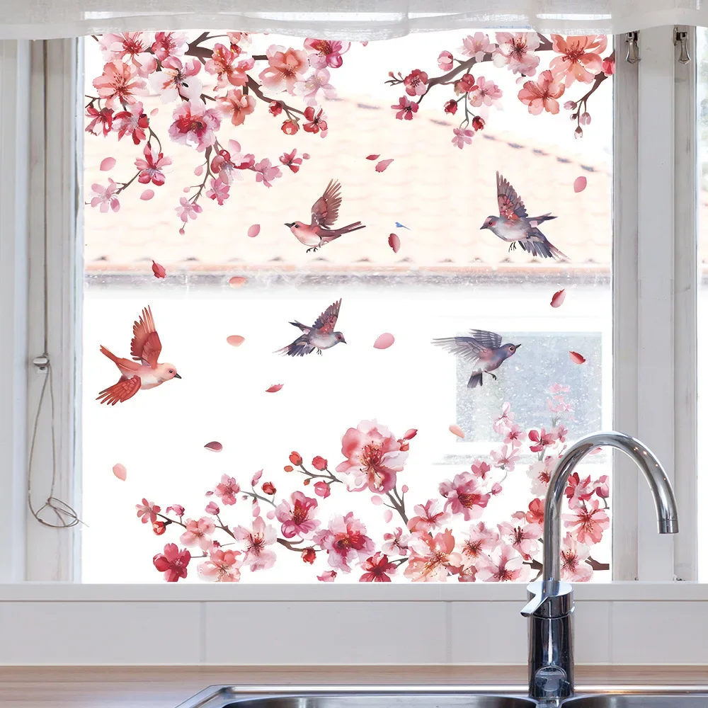 1PCS Foreign Trade Peach Blossom Branch Bird Glass Window Home Beautify Decoration Electrostatic Uv Window Sticker window stickers