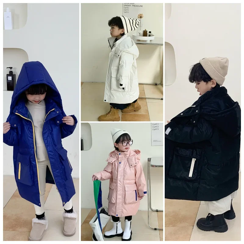 

Children's Down Coat 90% White Duck Down Lengthening Hooded Coat Kids Winter Warm Clothes Girls Boys Thicken Korean Style Coats