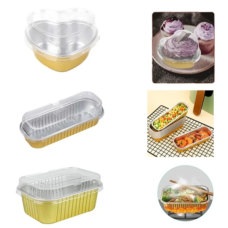 Disposable Aluminum Foil Baking Pans with Lids Square Gold Foil Tin for Cakes Muffins Bread Food Storage Takeout Containers