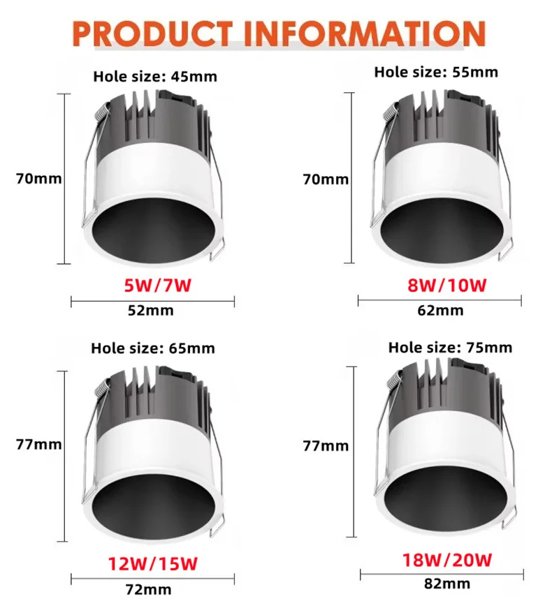 미니 매립형 LED COB 다운라이트 디밍 가능 12W 15W 18W 110V 220V 알루미늄 눈부심 방지 소형 스포트라이트 5W 7W 10W 실내 조명용