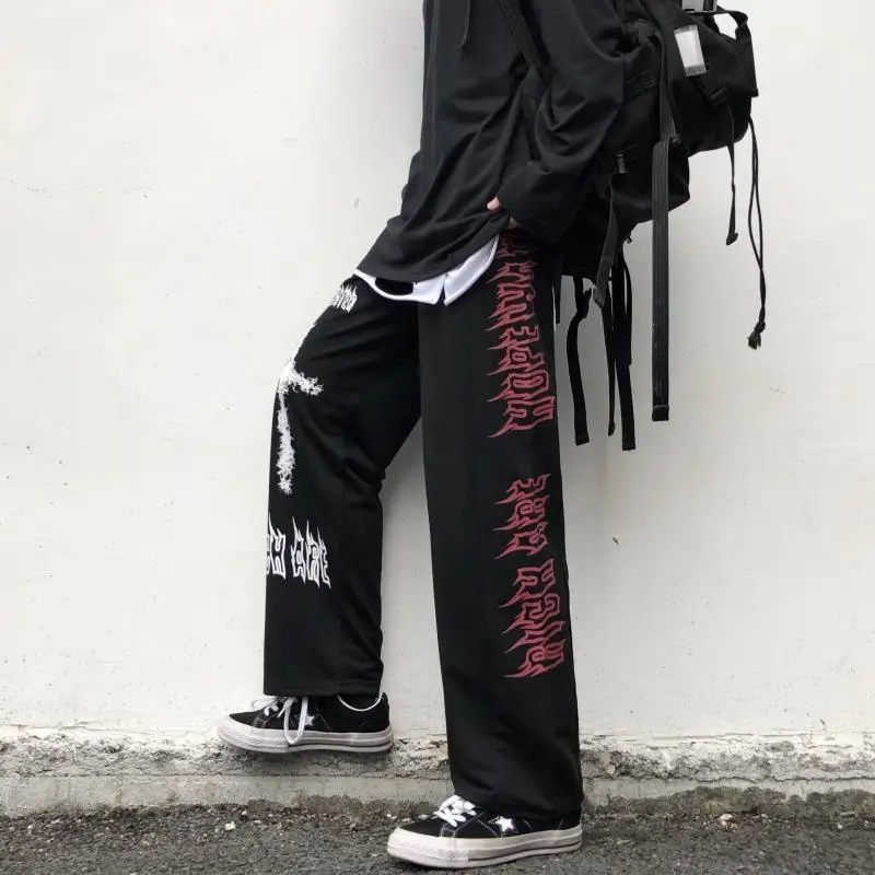 INS Wide Leg Pants Harajuku Style Creative Japanese Style Explosive Street Dark Cross Graffiti Straight Tube Wide Leg Guard Pant